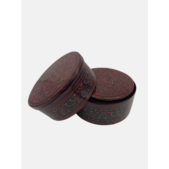 3 Handcrafted Round Lacquerware Nesting Storage Boxes Red & Black Patterns - Picture 7 of 7